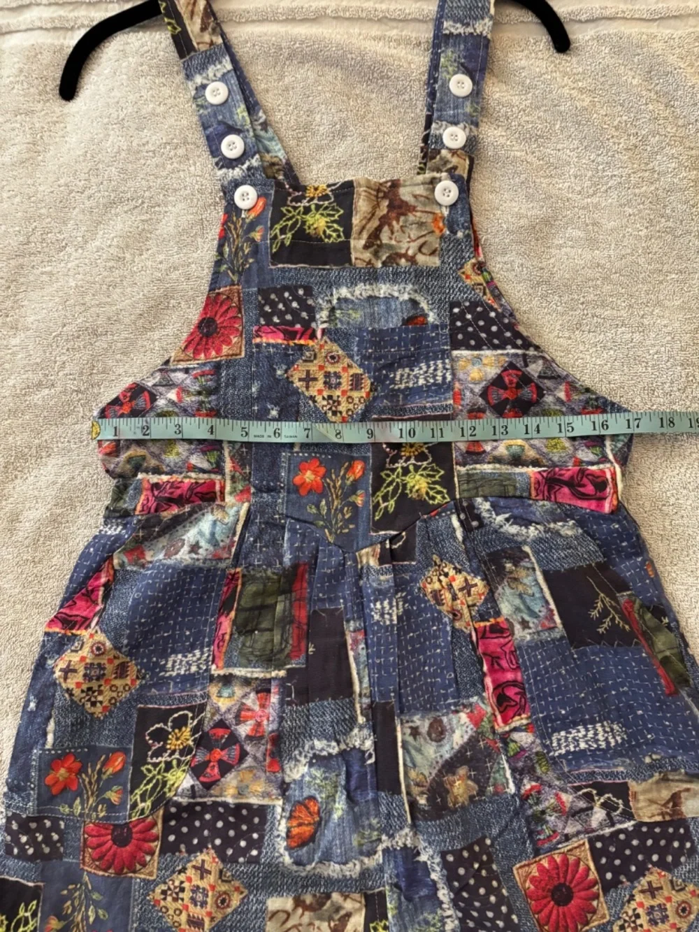 Embroidered Patchwork Denim Jumper Romper in Dark Blue Multi - Picture 6 of 9